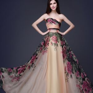Rochie de seară cu imprimeu floral și fustă fluidă
