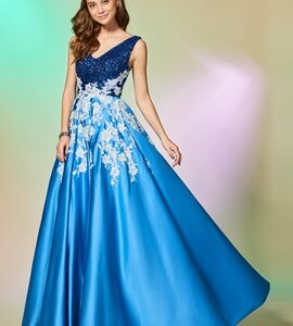Rochie de seară albastră cu dantelă albă