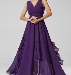 Rochie de seară lungă mov cu volane
