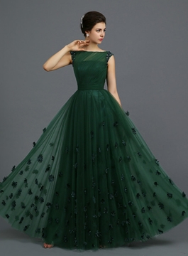Rochie de seară lungă verde cu aplicații florale