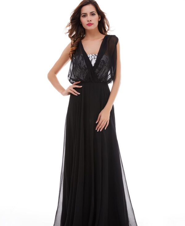 Rochie de seară neagră cu dantelă și șifon
